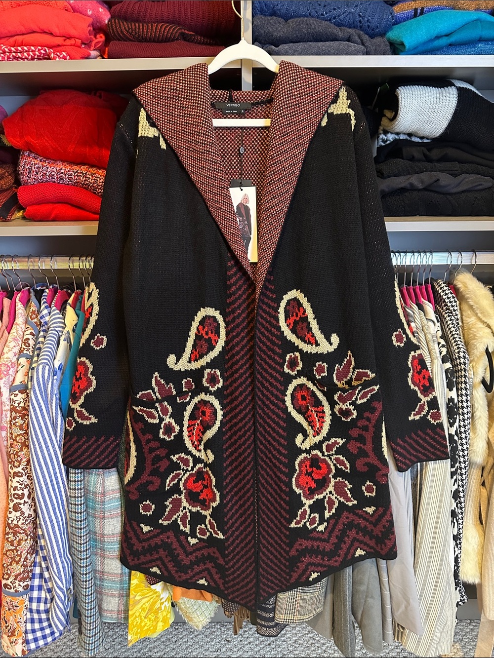 Vertigo Paris black/maroon/tan print hooded open front cardigan size S NWT